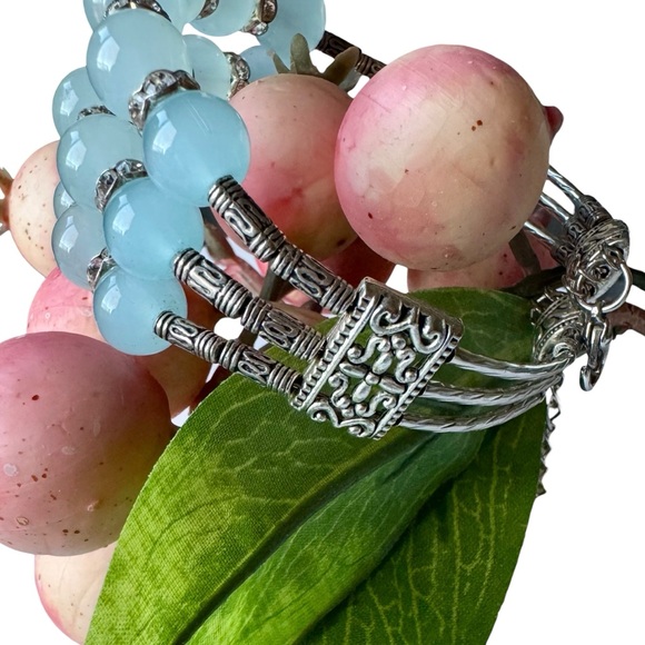 Triple Strand Aqua Bead Bracelet with Rhinestone Spacers and Silver-Tone Accents - Picture 5 of 10